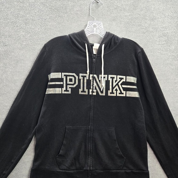 PINK Victoria's Secret Women Sweatshirt M Black Hoodie Logo Drawstring Fleece - Picture 1 of 9